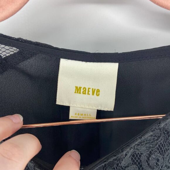 Anthropologie Maeve Black Silky Lace shoulder crew neck Top blouse womens xs - Picture 3 of 5